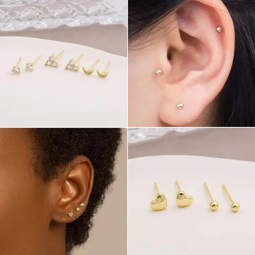 Vista 3 de Juego de aretes y aros chapados en oro de 14 quilates para mujeres y niñas, hipoalergénicos, pequeños, delicados, minimalista, cadena de cartílago