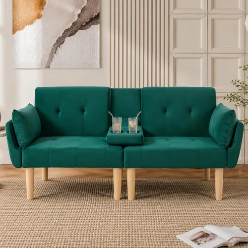 Vista 15 de Sofá Cama Futón de Terciopelo Moderno 2 en 1, Sofá Cama Plegable Convertible con 2 Almohadas, Loveseat Reclinable Acolchado de 63" con Patas de Beige