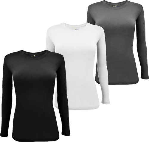 Vista 114 de Natural Uniforms Camiseta Under Scrub para mujer, cuello redondo, manga larga, paquete de 3, paquete múltiple de 3