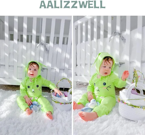 Vista 2 de Aalizzwell Mameluco de Pascua para bebés y niñas con sombrero de oreja de conejo