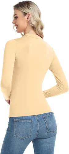 Vista 3 de Camiseta térmica básica de manga larga para mujer, ligera, con cuello alto falso, ajustada, capa suave Beige