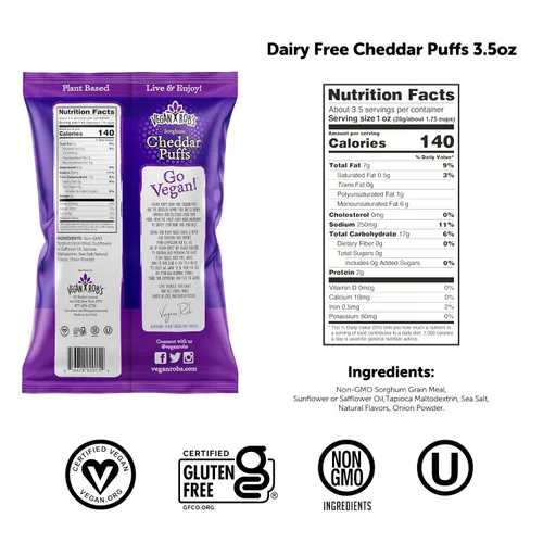 Vista 2 de Vegan Rob's Cheddar Puffs Sabrosos bocados de queso vegano horneados – Snacks saludables a base de plantas para niños y adultos – Sin lácteos y sin