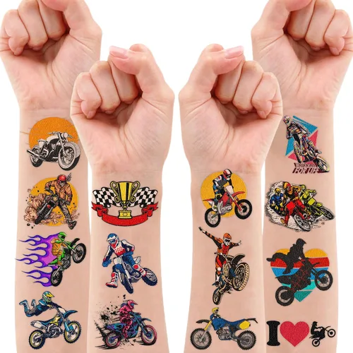 Vista 7 de Tatuajes temporales para motocross, 96 piezas (8 hojas) pegatinas de tatuaje falsas para niños y niñas Suministros para fiestas de cumpleaños