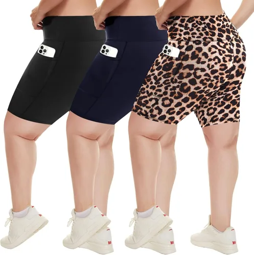Vista 30 de HLTPRO 3 Pack Plus Size Biker Shorts for Women, Pocket & No-Pocket Options Negro/Beige Rosa/ Gris