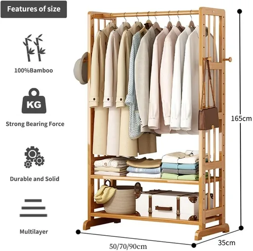 Vista 4 de Estante de ropa resistente, estantes de almacenamiento de 2 niveles, estantes de ropa de bambú con barra para colgar, añade espacio en el armario