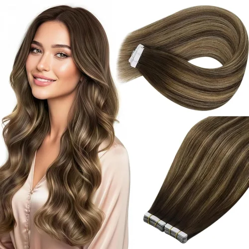 Vista 39 de Ve Sunny Extensiones de cabello humano real con cinta, cabello humano Remy, lacio, doble cara, color marrón oscuro, balayage, rubio dorado oscuro