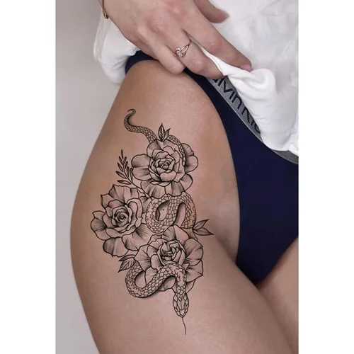 Vista 4 de Tazimi Tatuajes temporales de serpiente, 12 hojas 3D negras realistas de serpiente, rosa, tatuajes florales, calcomanías grandes y sexys