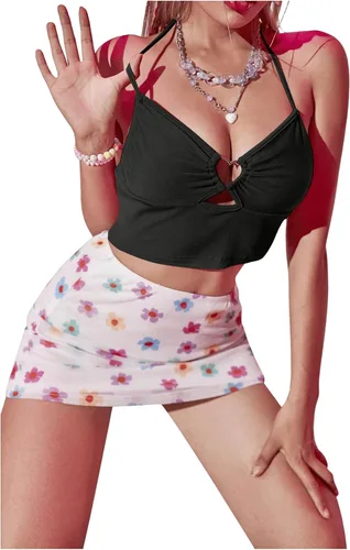 Vista 3 de MakeMeChic Top corto acanalado con espalda abierta para mujer