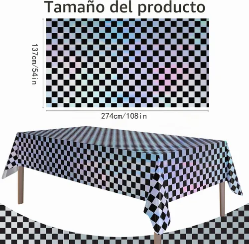 Vista 2 de Paquete de 4 manteles de plástico a cuadros desechables, manteles de papel de aluminio brillante para mesas rectangulares, decoraciones de fiesta