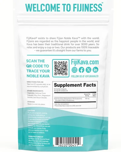 Vista 2 de FijiKava Noble Kava Cápsulas de Kava Kava, 600 mg de kavalactonas por porción, suplemento natural de relajación y apoyo para el sueño, vegano y sin