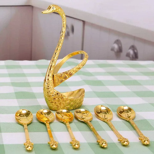 Vista 5 de Kit de cuchara de café con soporte en forma de cisne de aleación de zinc y 6 cucharas de café de acero inoxidable, juego de cucharas de comida