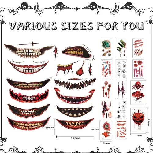 Vista 2 de Maquillaje de broma de Halloween, tatuaje temporal, 26 piezas de tatuajes temporales de Halloween para adultos, tatuajes de boca de Halloween