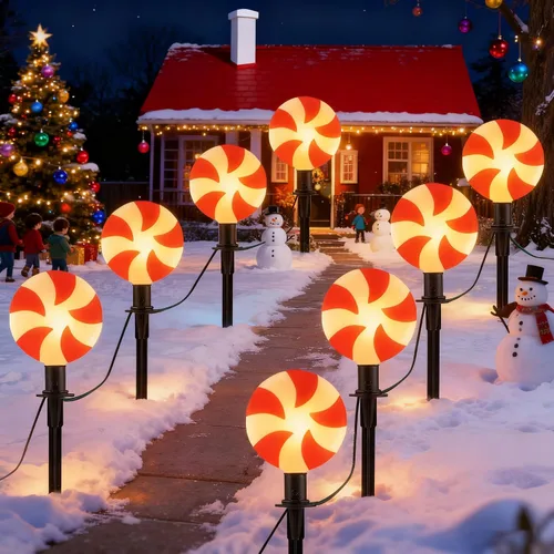 Vista 9 de Abeja Luz de camino de Navidad C9 para exteriores, bombillas multicolor de 38 pies, luces de camino de Navidad con 25 estacas, luces conectables