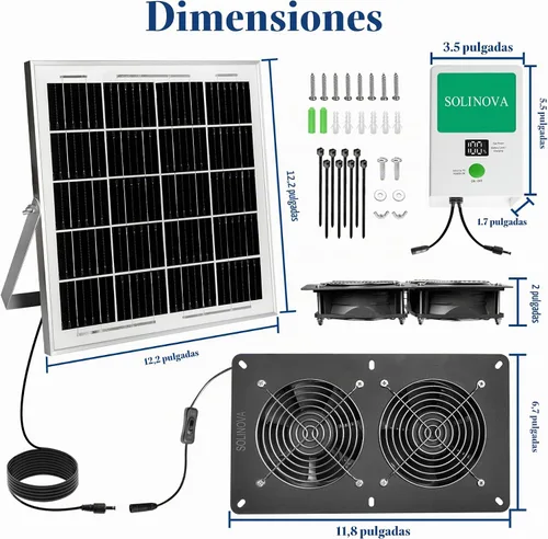 Vista 9 de Extractor solar, panel solar de 25 W y 2 ventiladores con batería de 7500 mAh, impermeable IP68, para gallinero, cobertizo, invernadero, casa