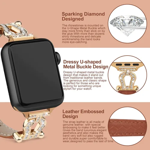 Vista 2 de Correas de cuero compatibles con Apple Watch Band para mujeres de 1.496 in, 1.575 in, 1.614 in, 1.654 in, 1.732 in, 1.772 in, 1.929 in (Ultra)