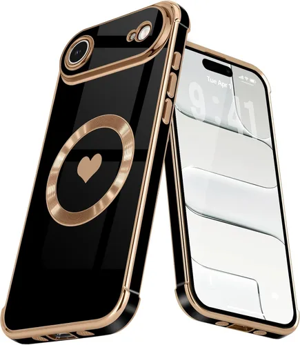 Vista 28 de Funda magnética para iPhone 13, para mujeres y niñas, chapado de lujo, lindo corazón de amor, cubierta trasera suave, protección completa de lente