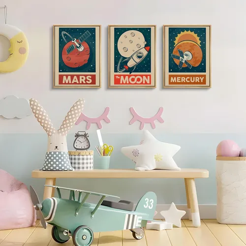 Vista 4 de 9 piezas de arte de pared retro del sistema solar para cuarto de niños, imágenes espaciales retroespaciales, galaxia, decoración de pared, pinturas