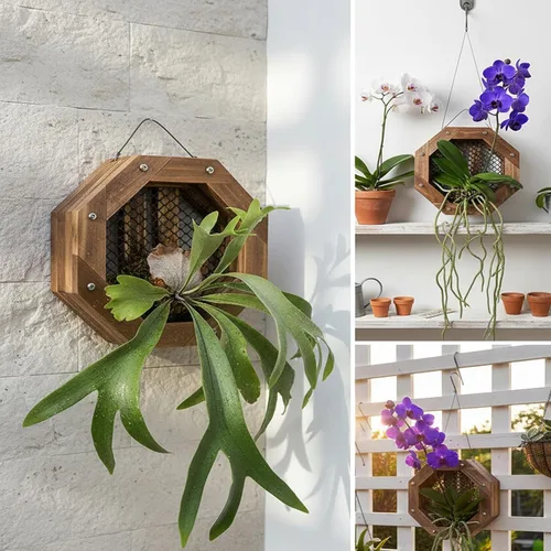 Vista 10 de Kit de montaje de helecho de cuerno de ciervo Marco de plantación colgante de madera para macetas de pared para orquídeas y hierbas