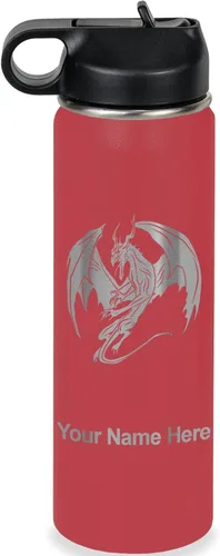 Vista 9 de LaserGram Botella de agua con tapa abatible de doble pared de 12 onzas con pajilla, dragón, grabado personalizado incluido (negro)