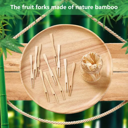 Vista 4 de Dongming Tenedores de bambú en miniatura para aperitivos (110 unidades, 3.5 pulgadas, doble punta, biodegradables)