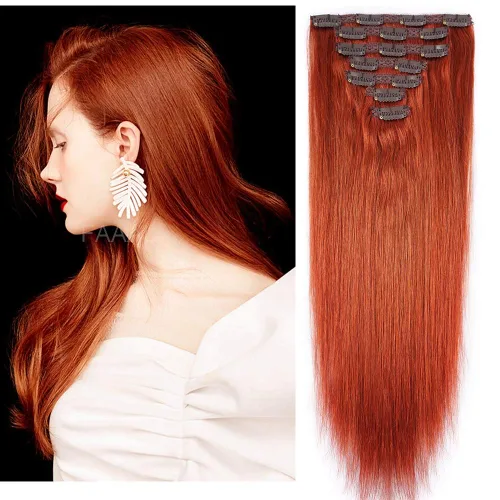Vista 17 de Extensiones de cabello humano con clip de 14 pulgadas, 4.33 oz, 7 piezas, 16 clips, color marrón chocolate, doble trama, extensiones de cabello Remy