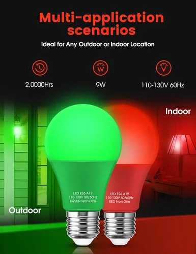 Vista 2 de Bombillas de Luz Roja y Verde Woxeon [Paquete de 4] – Bombillas LED A19 Rojas y Verdes de 9W (Equivalente a 60W) – Bombilla de Luz de Color con Base