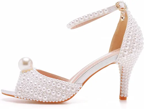 Vista 4 de Crystal Queen Sandalias de tacón de aguja de 3 pulgadas con perlas, puntera abierta, para novia, boda, fiesta, vestido, zapatos de mujer, sandalias