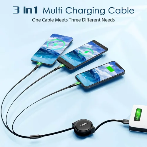 Vista 2 de Cable de carga múltiple en espiral 3A, paquete de 2 cables Lightning retráctiles, cable de carga múltiple de 4 pies para automóvil, cargador