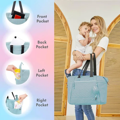Vista 5 de Dikaslon Bolsa de Pañales Tipo Tote, Bolsa de Pañales de Viaje Grande Tipo Tote para Mamá y Papá, Bolsa de Bebé Multifuncional para Niños y Niñas