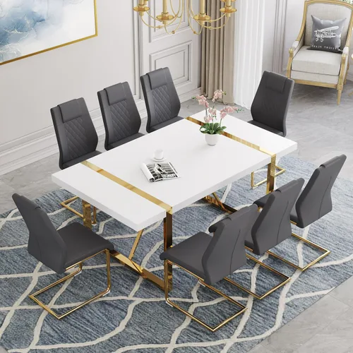 Vista 38 de Juego de mesa de comedor moderna de 55 pulgadas para 4, mesa de comedor negra y marco de metal dorado, mesa de comedor rectangular con 4 sillas