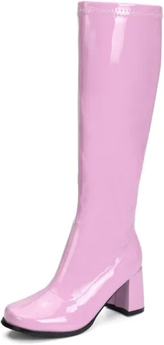 Vista 12 de LIURUIJIA Botas Gogo de mujer, hasta la rodilla, tacón ancho, punta cuadrada, estilo años 60 y 70, botas de disfraz de discoteca Blanco