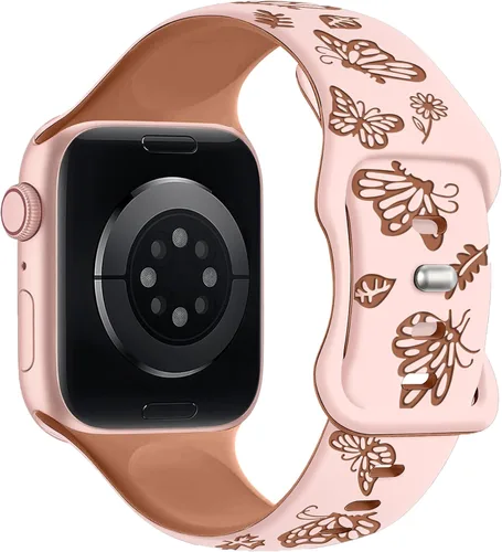 Vista 11 de Melyis Correa deportiva de silicona suave grabada con diseño floral y mariposa compatible con Apple Watch de 1.575 pulgadas, 1.614 pulgadas, 1.496