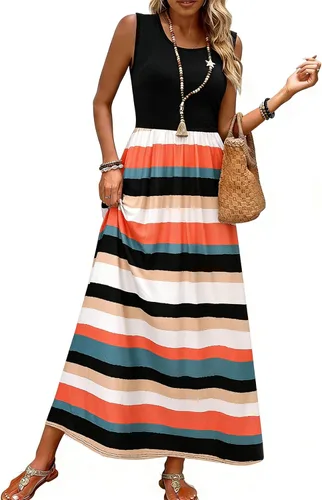 Vista 12 de Bluetime Vestido largo de verano para mujer, estilo bohemio, sin mangas, estampado floral (S-3XL)