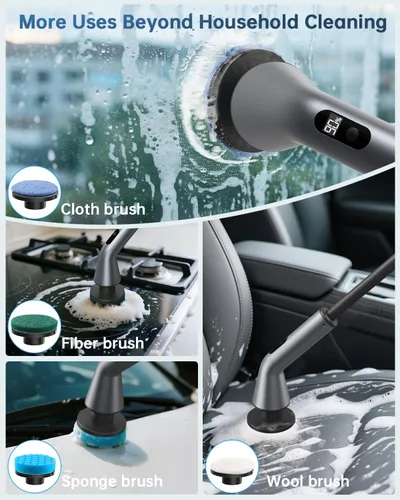 Vista 6 de VICNOVA Limpiador eléctrico giratorio, IPX7 impermeable de 2 velocidades, cepillo de limpieza inalámbrico extensible de mango largo con 7 cabezales