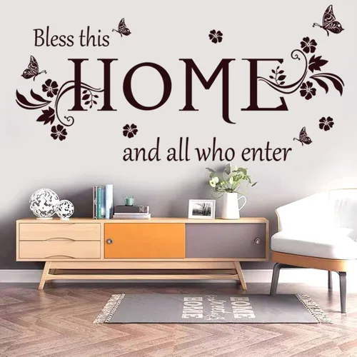 Vista 7 de Adhesivo de pared de vinilo negro con texto en inglés "Bless This Home and All Who Enter Bless This Home and All Who Inter", calcomanías de pared