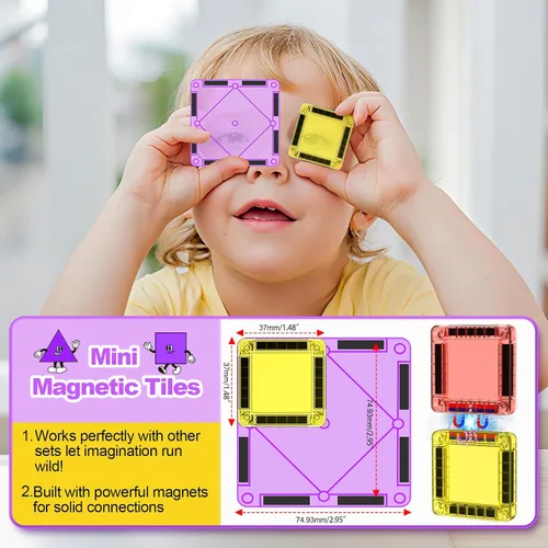 Vista 3 de BAIJLE Juego de 46 mini azulejos magnéticos, para niños, juguetes magnéticos portátiles de viaje con estuche de hierro para niños de 4 a 8 años