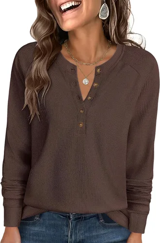 Vista 10 de ANRABESS Camisas de manga larga Henley de punto gofre para mujer Negro