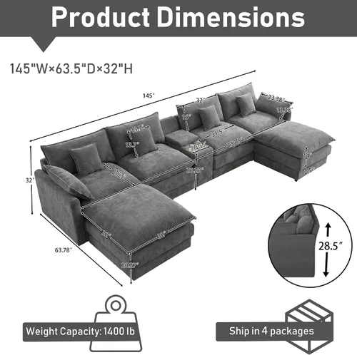 Vista 2 de Sofá modular de gran tamaño de 145 pulgadas, sofá de nube en forma de U, moderno juego de sofá de 6 asientos para sala de estar, cómodo asiento Gris
