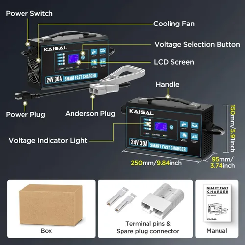 Vista 9 de Cargador de batería para carretilla elevadora 24V 30A Cargador de batería inteligente con pantalla digital LCD Cargador de carretilla elevadora