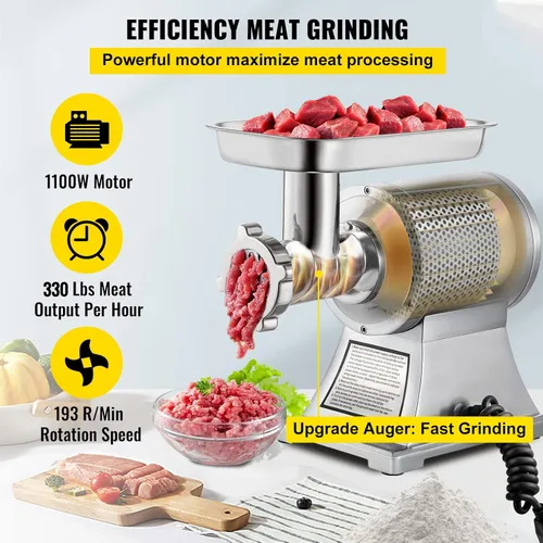 Vista 3 de Happybuy Picadora de Carne Comercial, 550LB/h 1100W, 220 RPM Picadora de Carne Industrial de Acero Inoxidable de Servicio Pesado con 2 Cuchillas