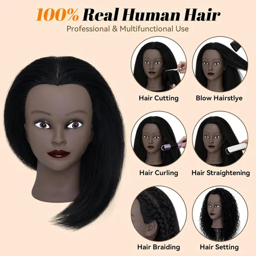 Vista 3 de Cabeza de maniquí de 16" con cabello para entrenamiento de peluquería y peinado
