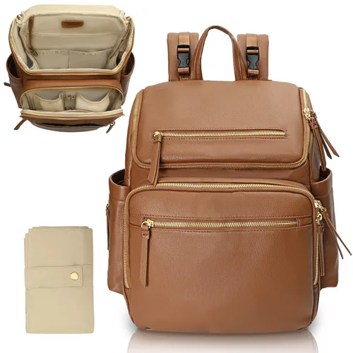 Vista 7 de Omanmoli Bolsa de pañales a cuadros, mochila grande de cuero para pañales con 17 bolsas organizadoras, cambiador, correas para cochecito, 4 Beige