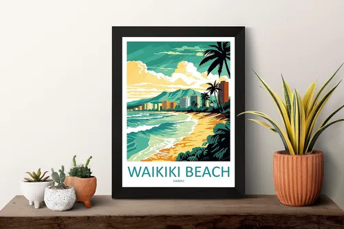 Vista 2 de Waikiki - Arte de pared para colgar en la pared en la playa Waikiki, decoración del hogar, Waikiki Beach Art Lovers Hawaii Art Lover Print Artwork#2