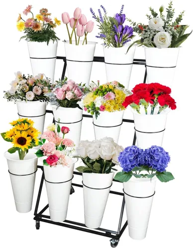 Vista 9 de Soporte de exhibición de flores, soporte de metal para plantas con cubos, estante de carrito de plantas móviles de alta resistencia, para patio