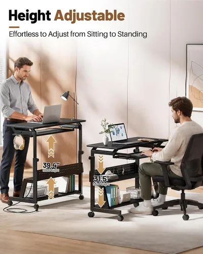 Vista 4 de Rolling Computer Desk with Power Outlet, Portable Desk with Keyboard Tray Black
