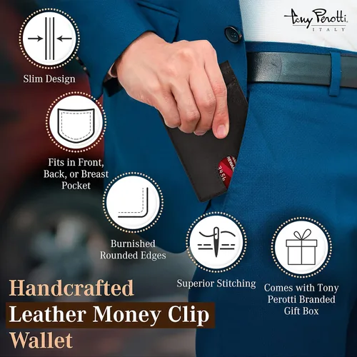 Vista 5 de Tony Perotti Cartera delgada de cuero italiano con clip para dinero para hombre, cartera RFID ultrafina con ranuras para tarjetas de crédito