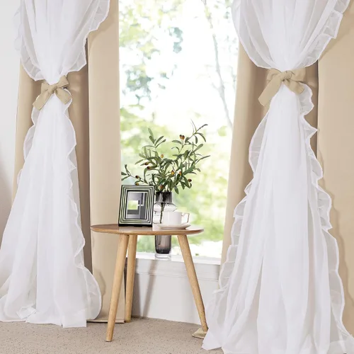 Vista 8 de PONY DANCE Cortinas con Volantes de Doble Capa con Superposición Transparente, Decoración Elegante para Ventanas de Diseño Rústico Francés de Campo
