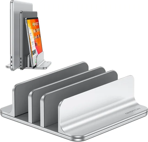 Vista 9 de OMOTON Soporte vertical para computadora portátil [versión doble actualizada], soporte de escritorio de aluminio para Mac Book con base ajustable