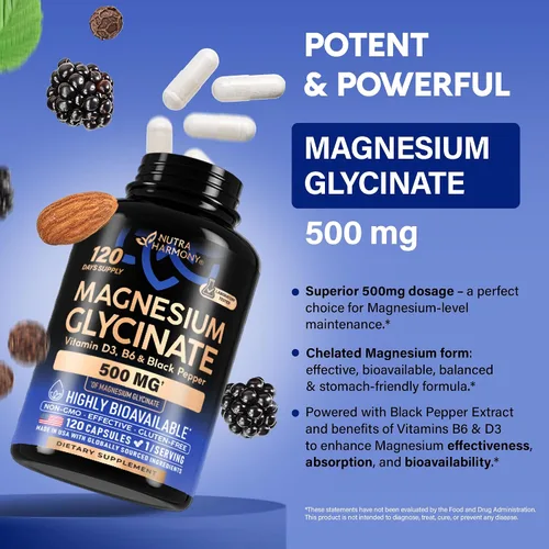 Vista 4 de Glicinato de magnesio 500 mg – Suplemento quelatado – Forma de alta absorción de magnesio – Apoyo para el sueño, la salud muscular y cardíaca