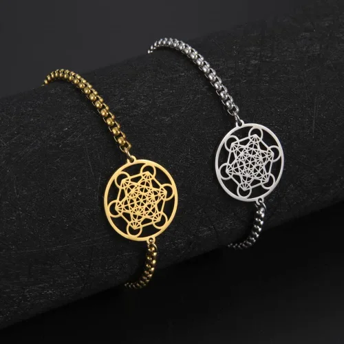 Vista 5 de Amaxer Pulsera de cubo de metatrones para mujer, diseño de arcángel, metatrón, protección hueca, acero inoxidable, pulsera con dije para cadena